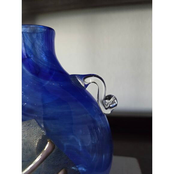 1994 Signed Blue Art Glass Vase 5.5" Cape Cod Studio Silver Foil Accent Signed - Picture 5 of 10